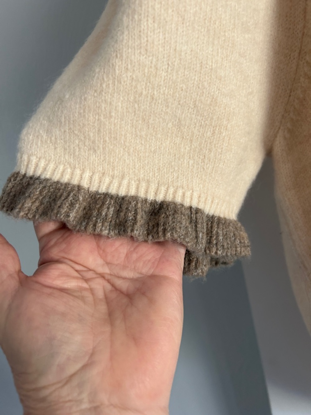 Self Contrast Cream Short Sleeve Knit Cardigan with Brown Trim 2X - Picture 5 of 7